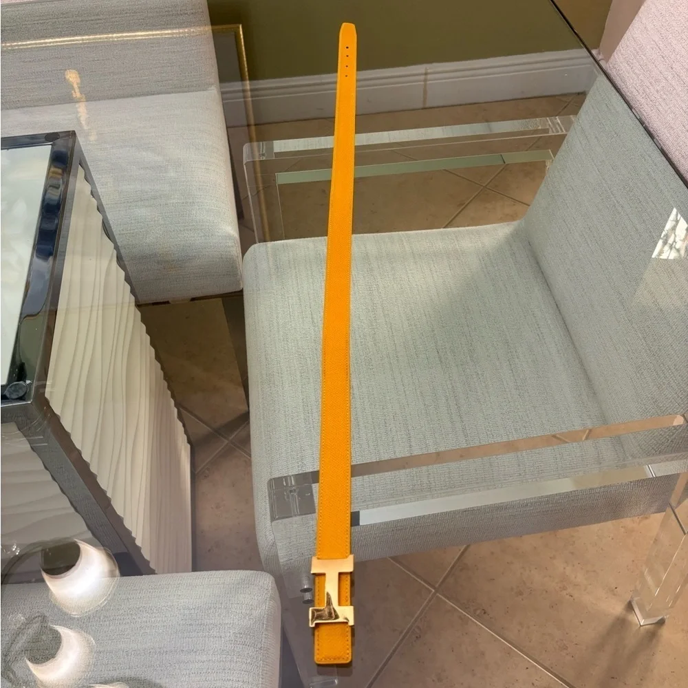 Authentic HERMÈS Jaune/Navy D'or Epsom Constance Reversible H Belt -Size 70